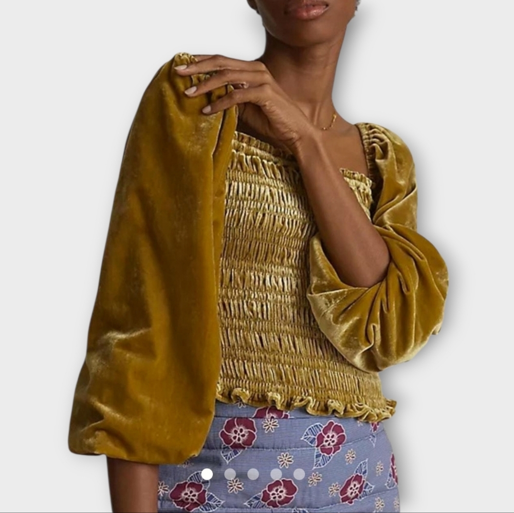 NWT ANTHROPOLOGIE Velvet Puff Sleeve Smocked Top Blouse In Gold Mustard Small